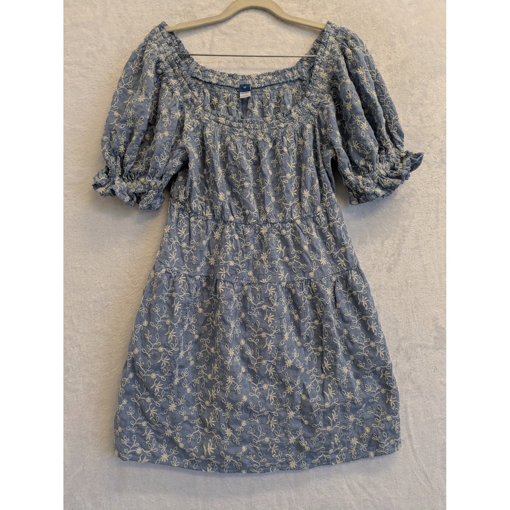 Old Navy Womens‎ XS Blue Embroidered Puff Sleeve Smocked Tiered Dress